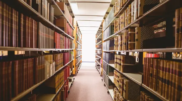 Central perspective of a library shelf. The shelves on either side are full of leather bound books and they stretch to the distance, with the vanishing point being in the center of the image