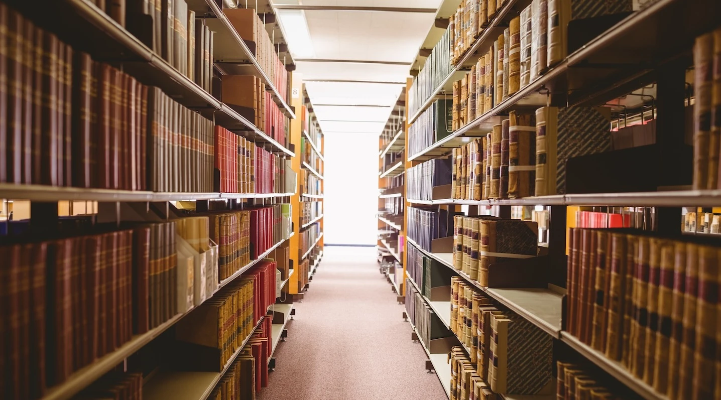 Central perspective of a library shelf. The shelves on either side are full of leather bound books and they stretch to the distance, with the vanishing point being in the center of the image